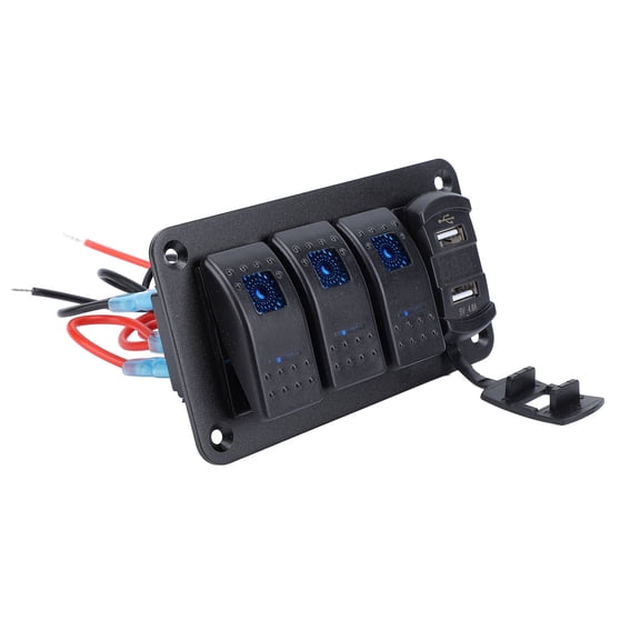 Elowen 3 Gang Rocker Panel 3 Gang Rocker Switch Aluminum Panel, Toggle Switch Control Panel Dual USB Fast Charging 12V 24V for Boat Car Truck SUV Trailer Motorcycle Blue Light