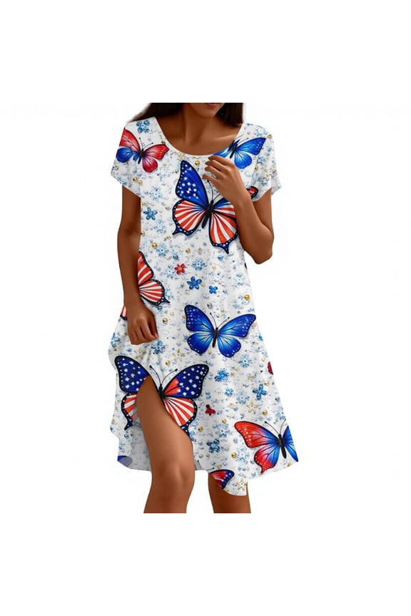 American 250th Anniversary Dresses For Women Round Neck Short Sleeved Casual Summer Shift Dress Blue S