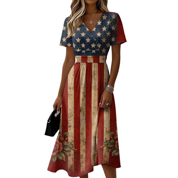 Elowen American 250th Anniversary Elegant Dresses For Women V-neck Short-sleeved Summer Fit & Flare Empire Dress Sky Blue XL
