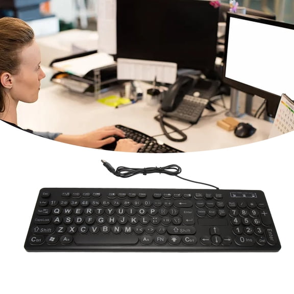 Elowen Backlit Large Print Keyboard Wired Keyboard, 104 Key High Visibility USB Keyboard Backlit Large Print Plug and Play for Visually Impaired for Office for Internet Bar