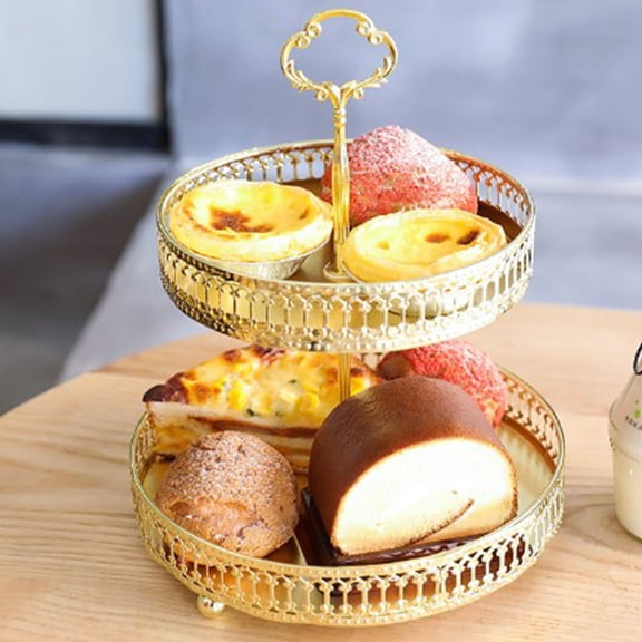 Elowen Biscuits Dessert Display Plate Biscuits Dessert Display Plate, Elegant Gold Easy Cleaning Large Capacity Copper Double Layer Pastry Tray for Birthday Party Hollowed Out Vertical Grain