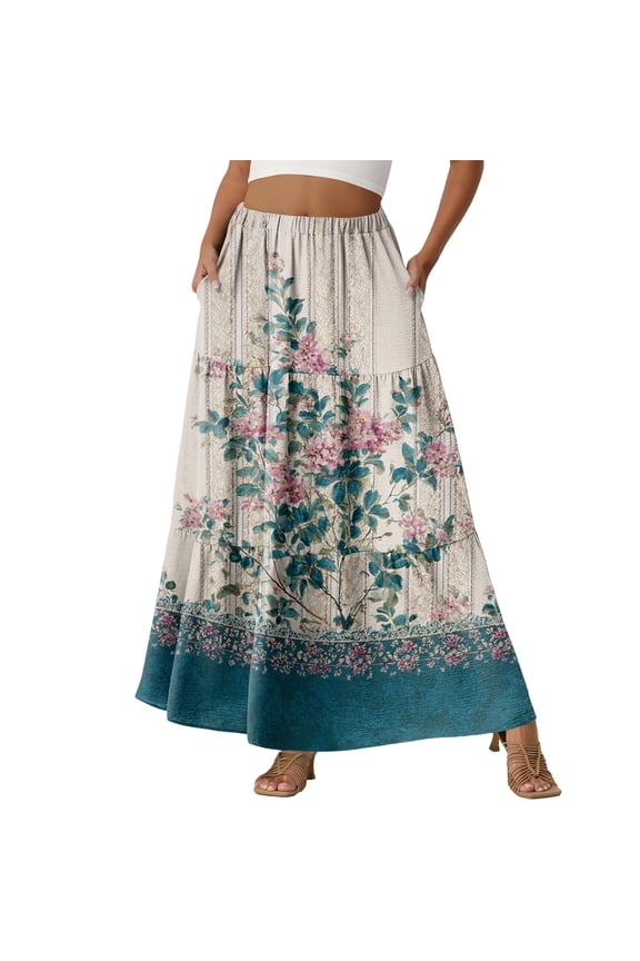 Casual FLoral High Waist Skirts for Women Elastic A-line Frock With Pockets Light Blue XXL