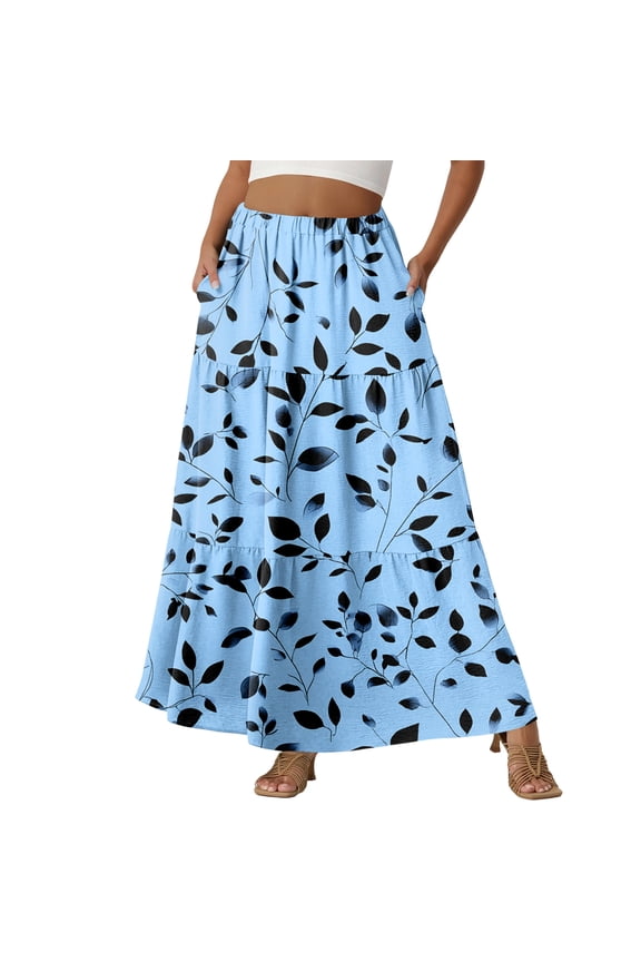 Casual FLoral Skirts for Women High Waist Elastic A-line Frock With Pockets Sky Blue XXL