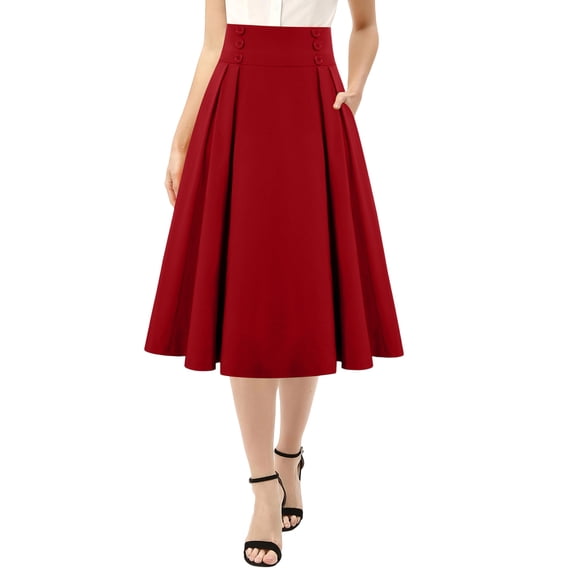 Elowen Fashionable Skirts for Women Pleated Button Solid Casual Summer Swing Skirt Red XL
