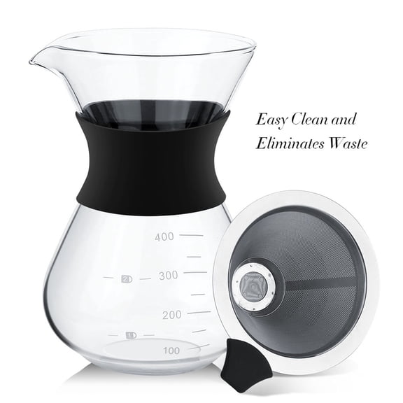 Elowen Glass Coffee PotHand Drip Coffee Maker Glass Pot Stainless Steel Filter Elegant Pour Over Kitchen Accessories 400ml Black Transparent