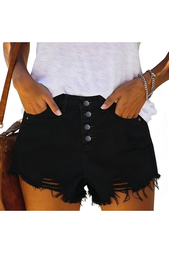 High Waist Distressed Denim Shorts for Women Frayed Hem Button Fly Ripped Casual Fashion Jean Shorts with Pockets Black L