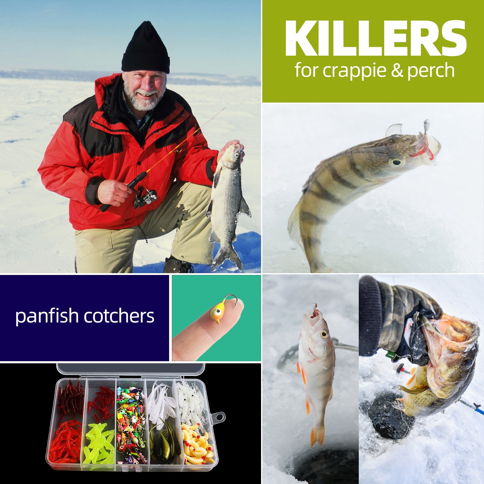 Elowen Ice Fishing Lure Hook 190pcs Ice Fishing Jigs Ice Fishing Lures Ice Fishing Starter Kit for Walleye Crappie Panfish