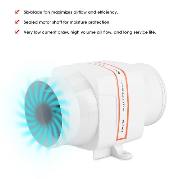 Elowen In-Line Air Blower 4in 270CFM Bilge Air Blower InLine Marine DC Electric Fan Boat Accessory 12V White