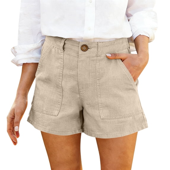 Elowen Linen Blend High Waist Shorts for Women with Button Closure and Side Pockets Casual Relaxed Fit Beige L