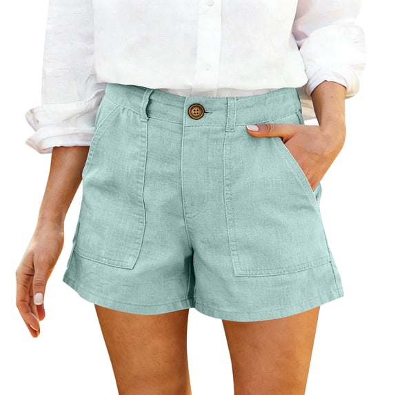 Elowen Linen Blend High Waist Shorts for Women with Button Closure and Side Pockets Casual Relaxed Fit Blue S