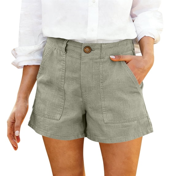 Elowen Linen Blend High Waist Shorts for Women with Button Closure and Side Pockets Casual Relaxed Fit Light Green XL