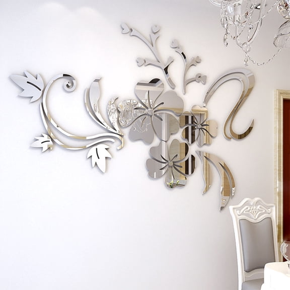 Elowen Mirror Wall Sticker 3D Wall Sticker, Hibiscus Wall Sticker Silver for Living Room