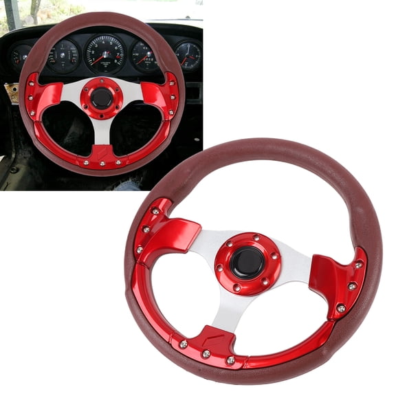Elowen PU Racing Steering Wheel Universal Racing Steering Wheel, Anti Impact Racing Style Steering Wheel 13in for Vehicle with 6 Hole Hub Adapter Red
