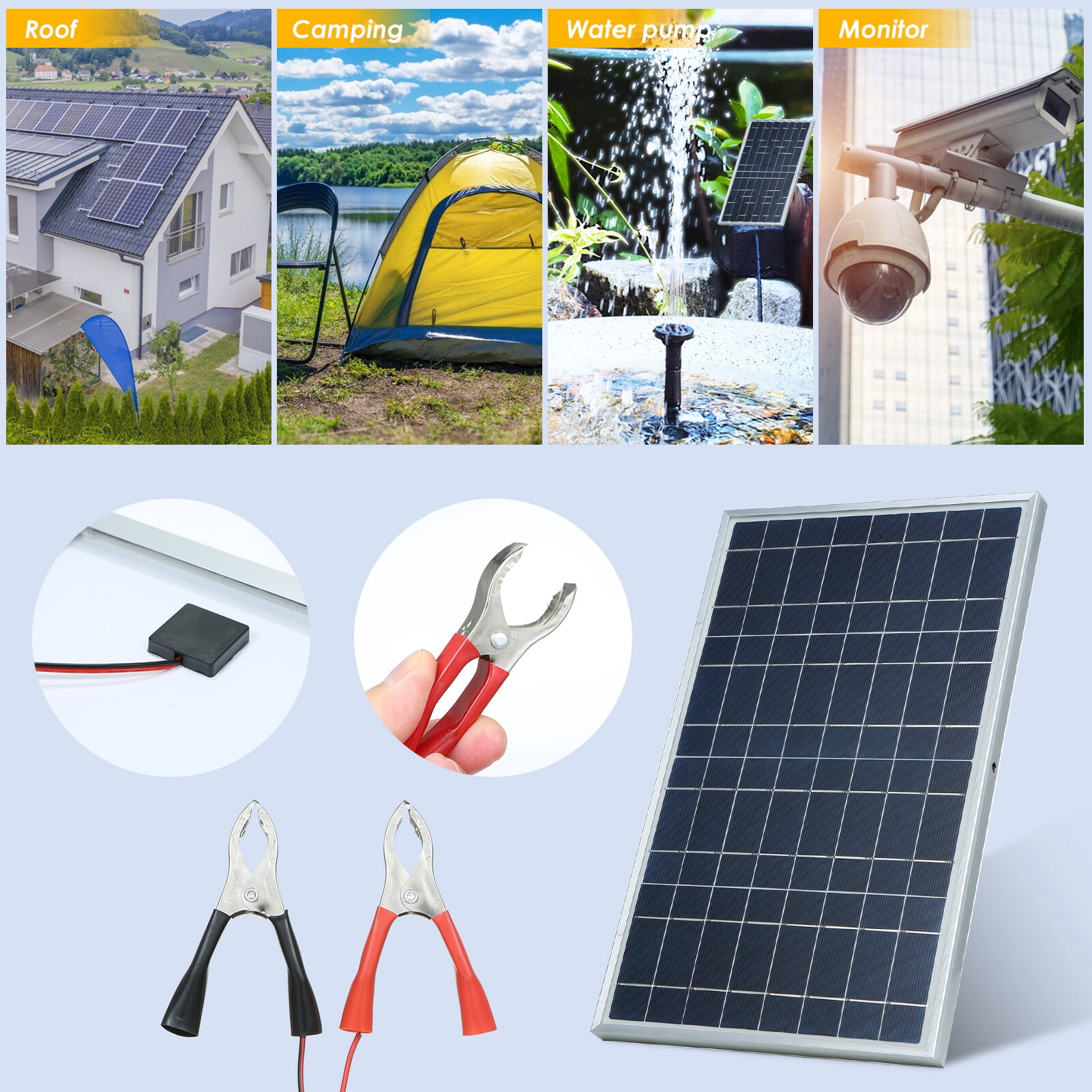 Elowen Solar Panel Kit Set Set 30W D C 12V/18V Solar Panel Kit Set with Alligator Clip/ IP65 Water Resistance for Home Indoor Outdoor Use Portable