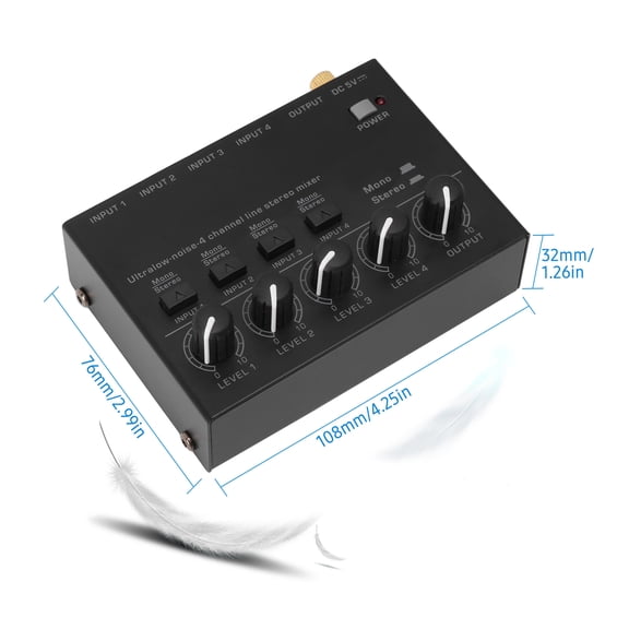 Elowen Stereo Mini Mixer 4 channel Line Stereo Mixer, Ultra Low Noise Portable Mini Audio Mixer for DJ, Club, Studio