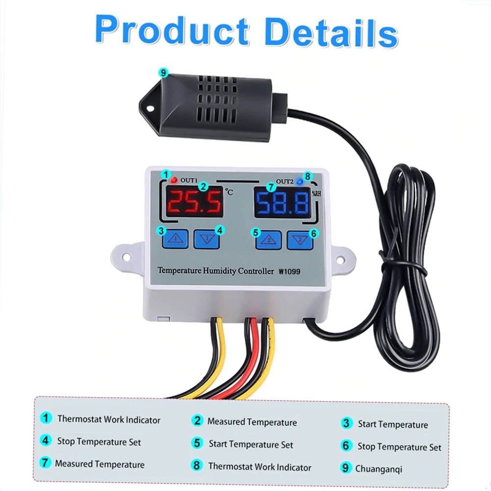 Elowen Temperature Humidity Controller Thermometer Dual Digital Temperature Humidity Controller Home Fridge Thermostat Humidistat Thermometer Hygrometer W1099 AC110-220V