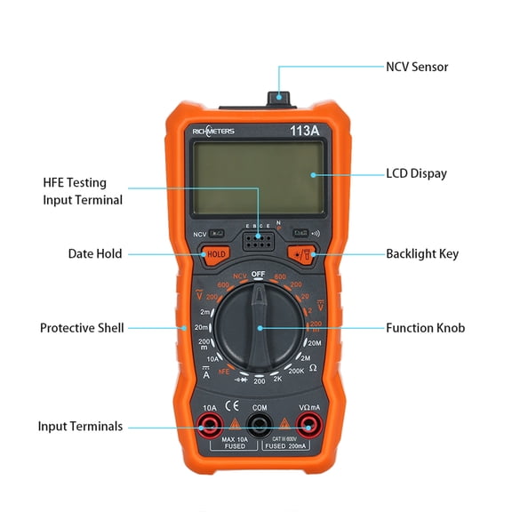 Elowen Voltage Measuring Meter Meter RM113A NCV Digital Multimeter 2000 Counts HFE AC/DC Voltage Measuring Meter with Magnetic Suction Flash Light Backlight Large Screen Multi-meter