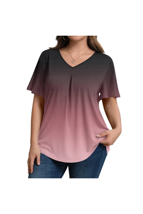 Women's Plus Size Loose Fit V Neck Blouse Short Sleeve Polyester Spandex Casual Top Pink 2XL