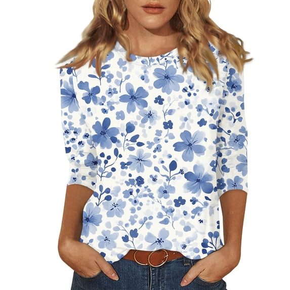 Elowen Womens Summer Tie Dye Floral Tops 3/4 Sleeve Shirts Crew Neck Casual Blouses Light Blue S
