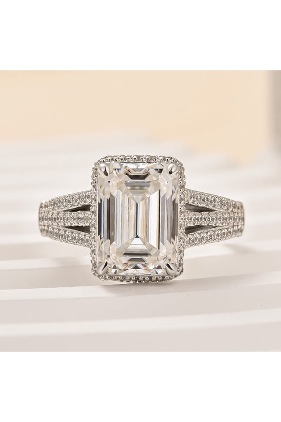14K White Gold Plated 2.4 Ct Emerald Cut Diamond Wedding Ring - Split Shank Engagement Band - Refined Simple Style for Women - Proposal-Ready - Celebrate Unity