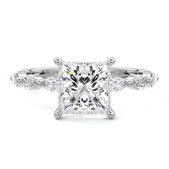 Eloya Jewel 14K White Gold Plated Ring for Her - Excellent 1.9 Ct Princess Cut Moissanite Ring - Wedding Proposal Rings - 50th Wedding Anniversary Gifts - Moissanite Jewellery