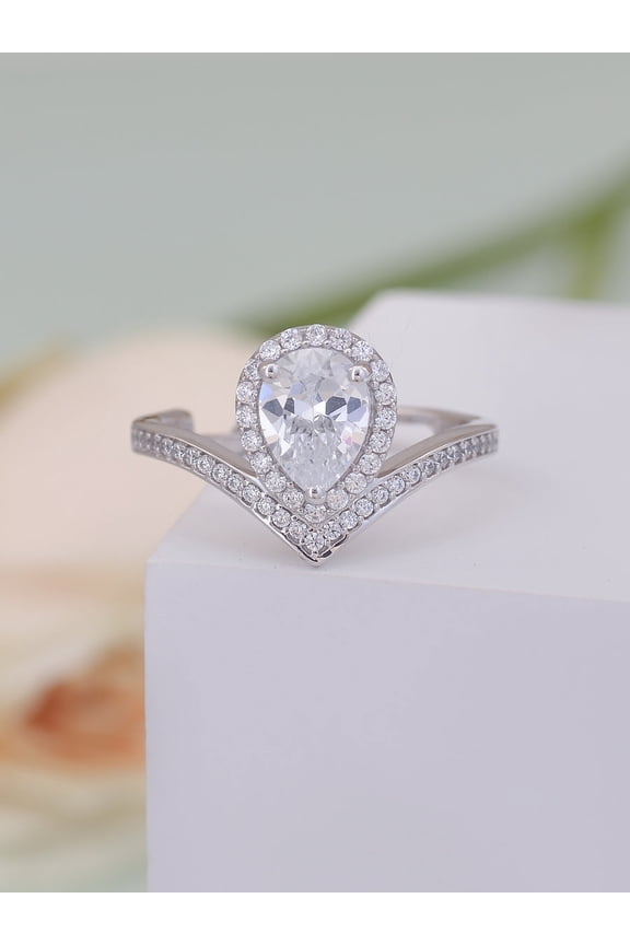 14k White Gold Plated 2.1 Ct Pear Cut VVS1/D Lab Created Simulated Diamond Engagement Ring - Chevron Halo Style - Honor Your Love Story with This Elegant Diamond Ring