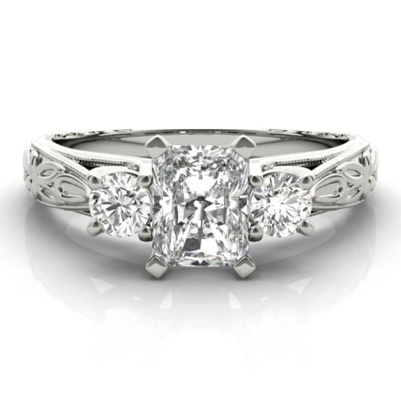 Eloya Jewel 2.13 Ct Radiant Cut Moissanite Engagement Ring - Three Stone and Leaf Design in 14K White Gold Plated Rings - Stunning Proposal Rings for Women - Celebrate Love with Elegance