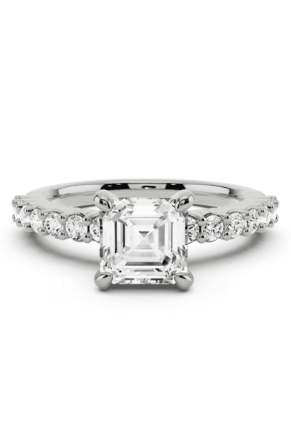 Asscher Cut Engagement Ring - 2 Ct Solitaire with Accent Moissanite Eternity Band - Elegant 14K White Gold Plated Women's Wedding Jewellery - Thoughtful Anniversary or Proposal Gift