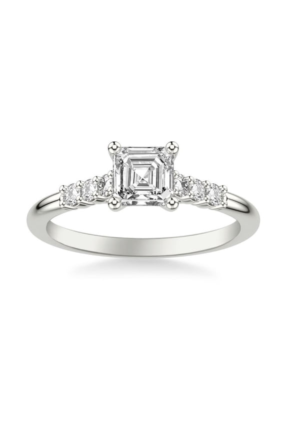 Asscher Cut Moissanite Engagement Ring for Women - Solitaire with Accents 1.38 Ct Moissanite Cathedral Design - 14K White Gold Plated Wedding Jewelry - Special Occasion Ring Women