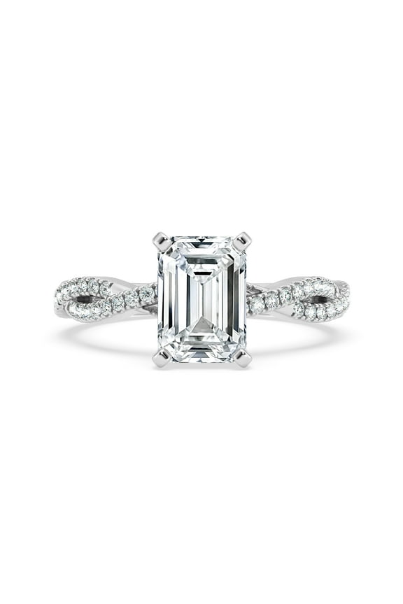 Emerald Cut Solitaire with Accent Moissanite Rings - 1.6 Ct Prong Set Eternity Band - 14K White Gold Plated Engagement Rings - Infinity Cross Over Shank Design - Perfect Proposal Gifts