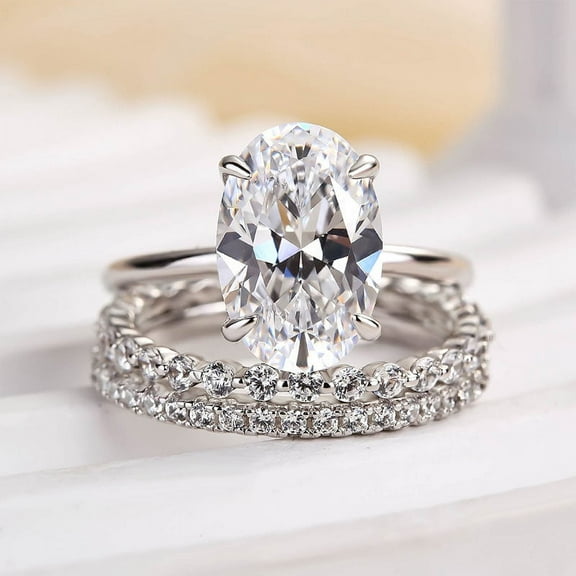 Eloya Jewel Oval Cut Hidden Halo Ring Trio Set - 2.5 Ct Lab Created Diamond in 14K White Gold Plated - Wedding Engagement Jewelry Gift