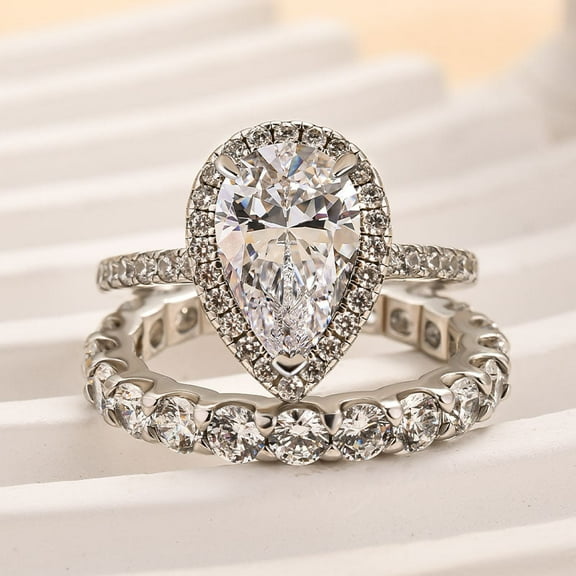 Eloya Jewel Pear Cut 1.8 Ct Lab-Created Diamond Engagement Ring – Three Stone Prong Set in 14K White Gold Plated – Wedding & Anniversary Jewelry