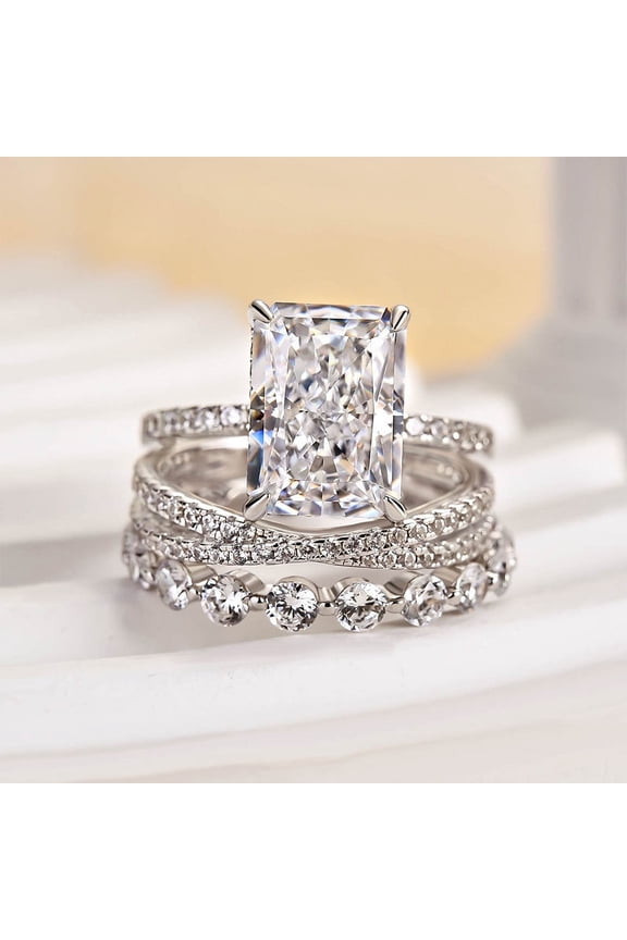 Radiant Cut Lab Created Diamond Engagement Ring Set - 1.4 Ct Hidden Halo Style in 14K White Gold Plated - Wedding Ring Gift for Her