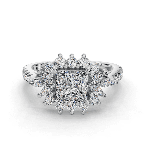 Eloya Jewelry 1.9 Ct Princess Cut Multi-Stone Moissanite Engagement Wedding Ring - Halo-Style Women's Moissanite Ring - Moissanite Prong Setting 14K White Gold Plated Ring for Gifting