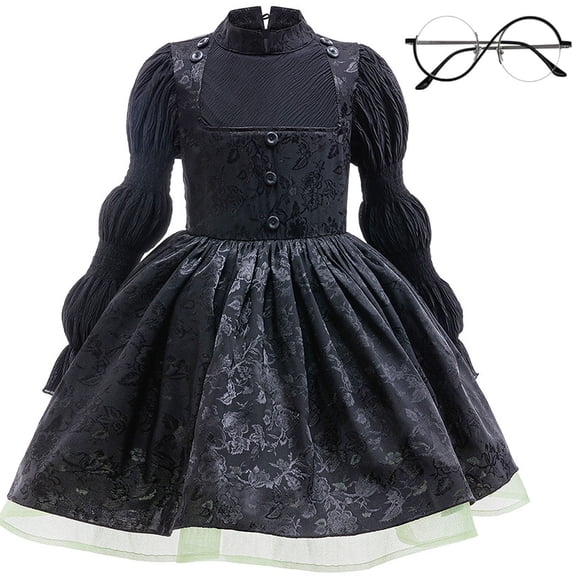 Girls Witch Costume Halloween Black Dress Cosplay Outfit With Glasses