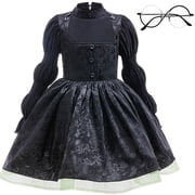 Girls Witch Costume Halloween Black Dress Cosplay Outfit With Glasses
