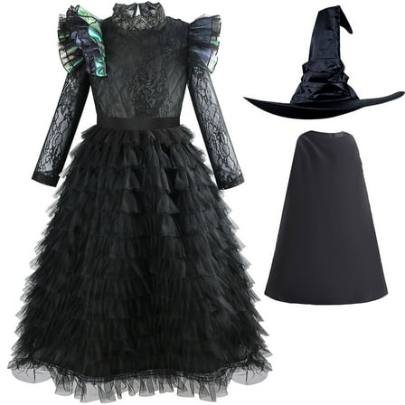 Elphaba Costume for Girls Female Halloween Witch of Dresses with Cape&Hat, Size 4-5