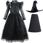 Girls Witch Outfit Halloween Dresses with Cape&Hat, Size 4-5