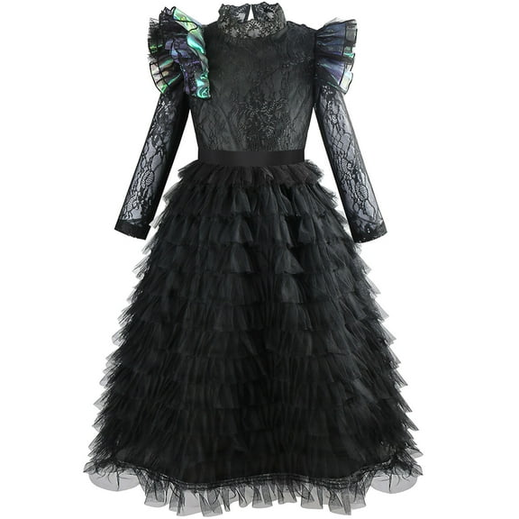 Elphaba Dress for Girls Female Costume Ruffled Tiered Prom Dresses with Cape