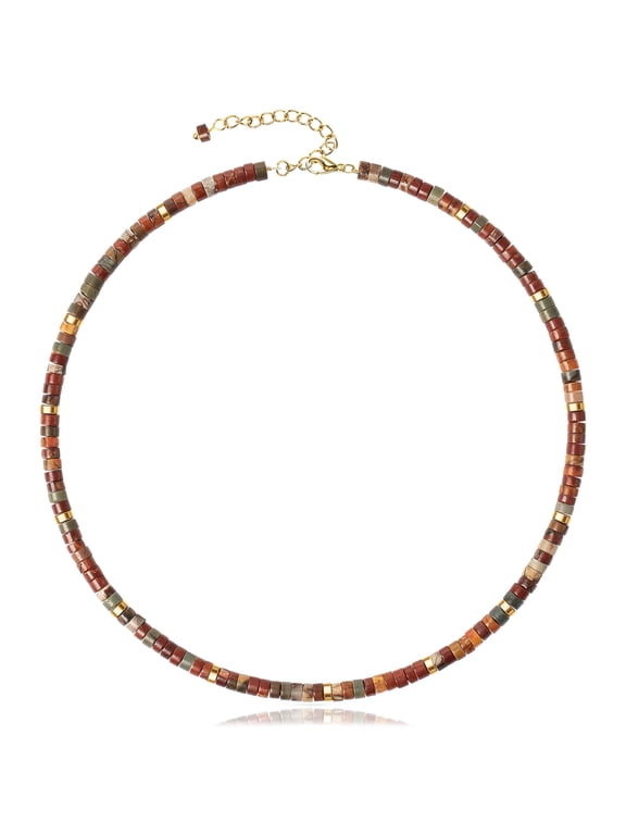 Beaded Gemstone Necklace for Women: Natural Healing Red Creek Jasper Necklaces for Stress Relief - Boho Bead Choker Handmade Jewelry for Summer Beach Gifts