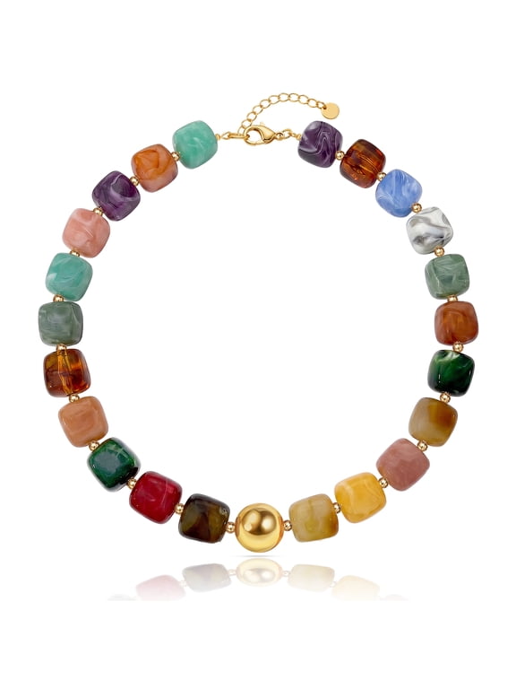 Colorful Chunky Necklaces for Women Multicolored Large Square Acrylic Beads Necklace Trendy Bold Statement Beaded Necklace Summer Vacation Choker Jewelry