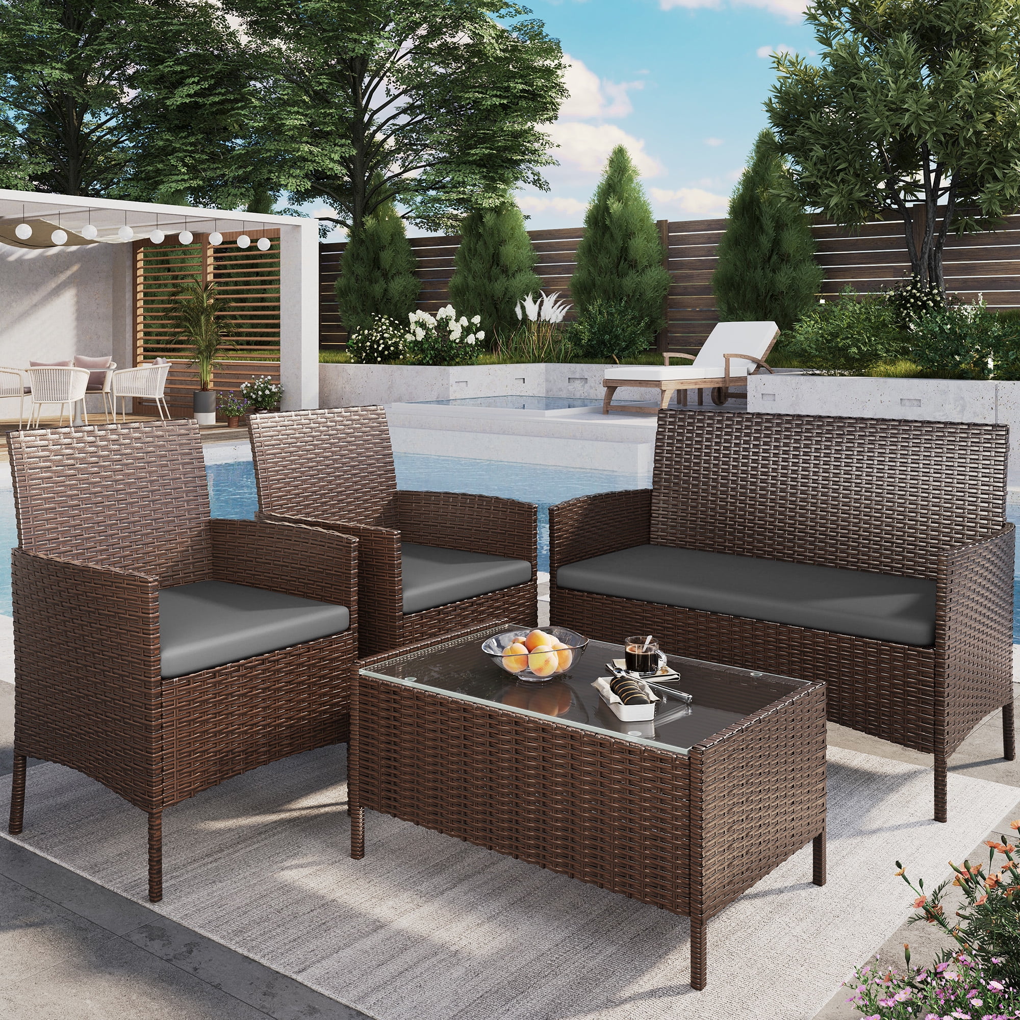 ELPOSUN Outdoor Conversation Set of 4 Steel Hand-Woven Rattan Brown Gray Patio Furniture