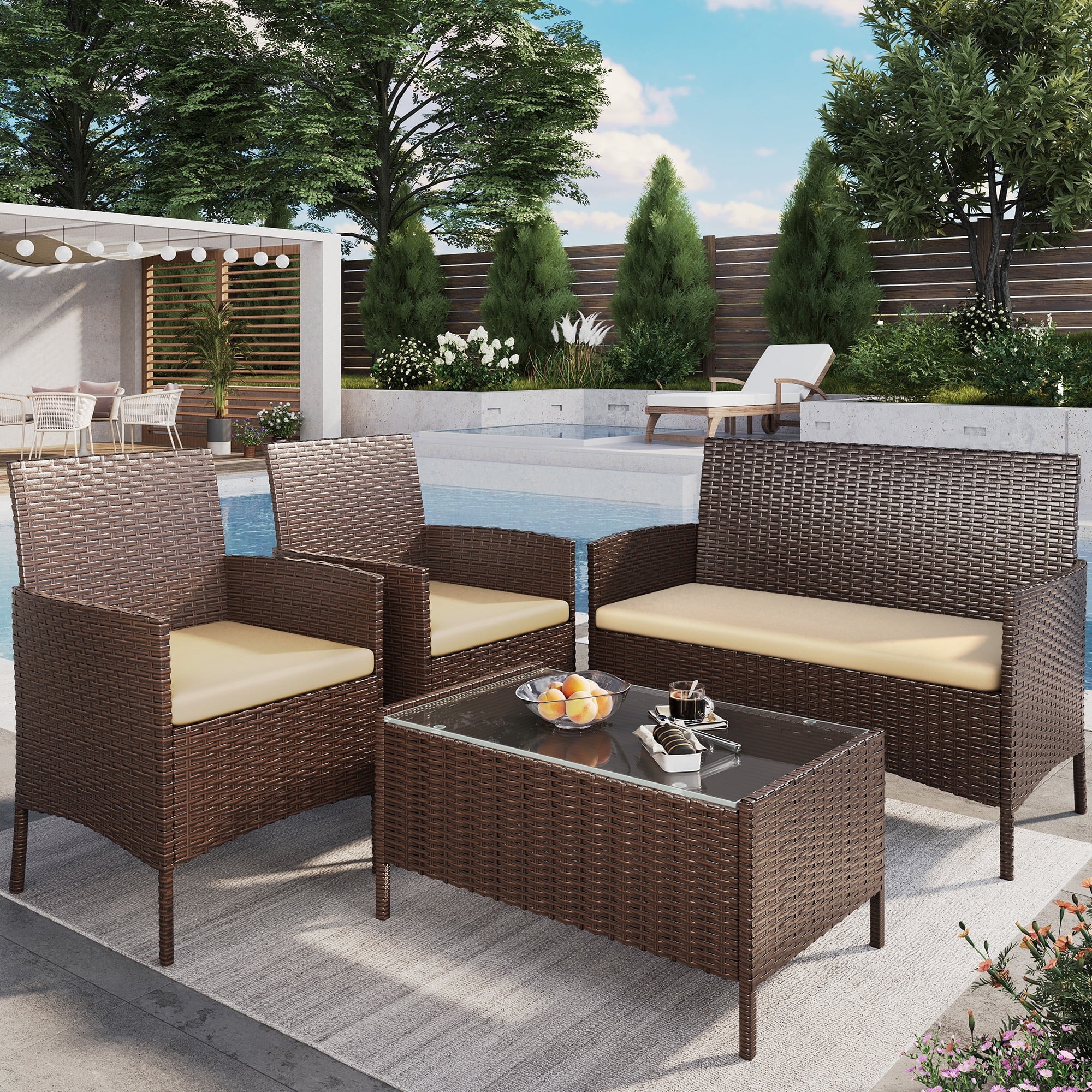 Elposun 4 Steel Sectional Outdoor Conversation Sets with Chair and Loveseat, Brown/Beige