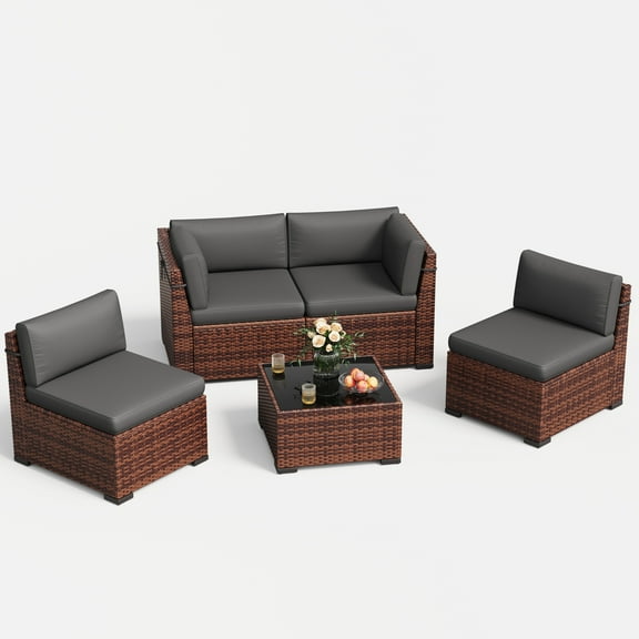 ELPOSUN 5 Pieces Patio Furniture Set, Outdoor Furniture Sectional Rattan Sofa for Backyard Garden (Dark Grey)
