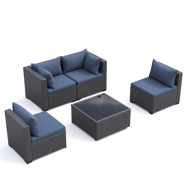 ELPOSUN 5 Pieces Patio Furniture Set, Outdoor Furniture Sectional Rattan Sofa for Backyard Garden Navy