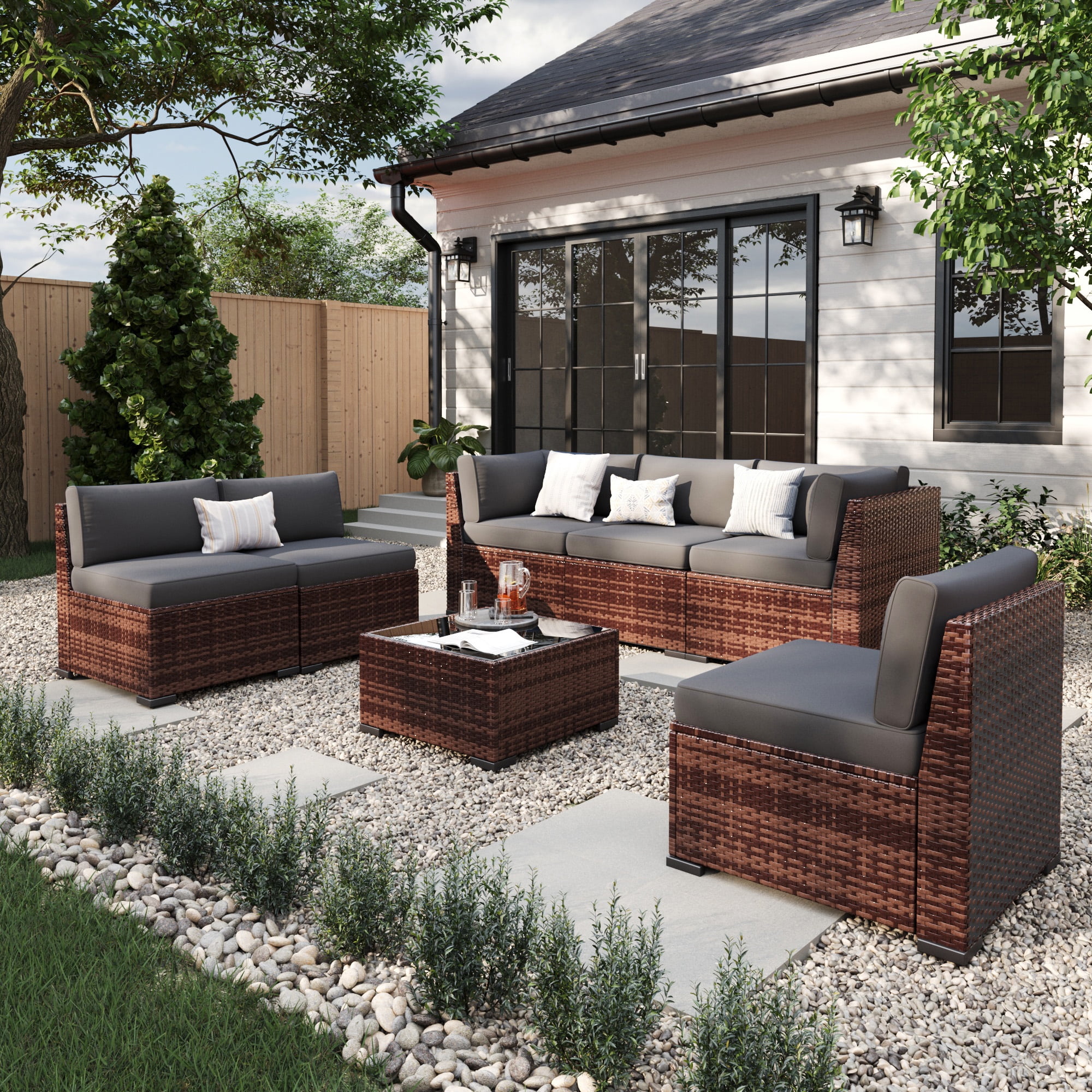 ELPOSUN 7 Pieces Patio Furniture Set, Outdoor Furniture Sectional Rattan Sofa for Backyard Garden Dark Grey
