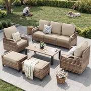 ELPOSUN 7-Seat Outdoor Patio Furniture Set - Modular Wicker Sectional Sofa with Swivel Chairs & Thickened Cushions for Garden, Porch, Yard, and Poolside