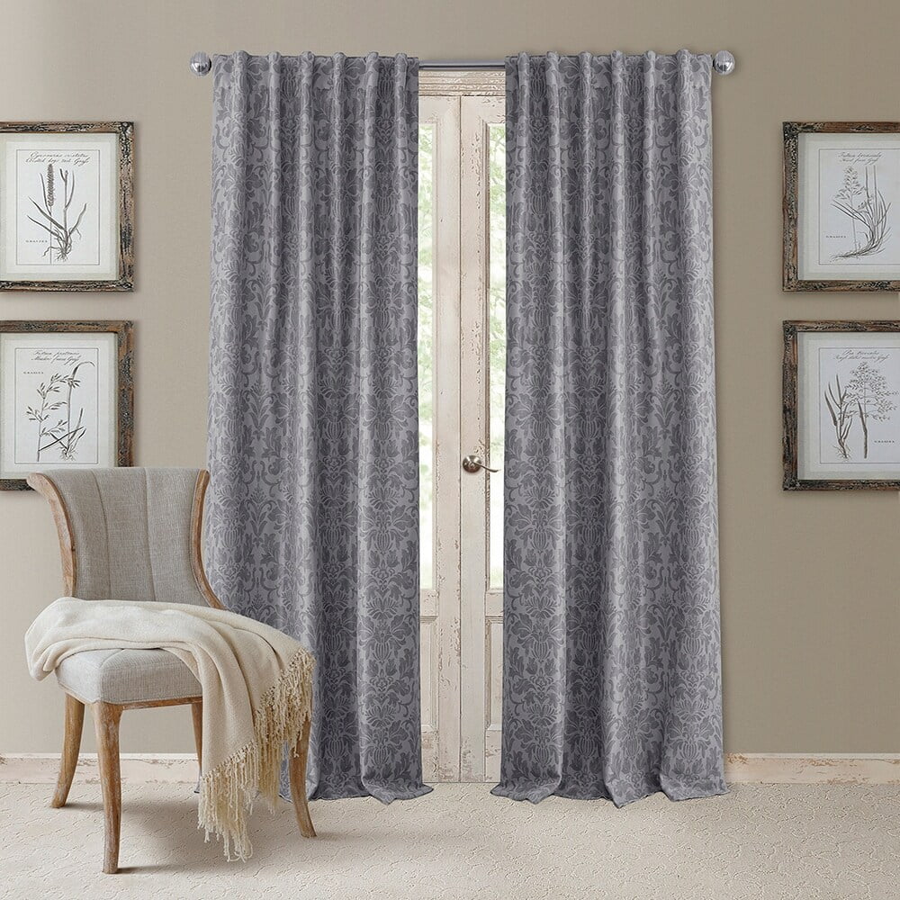 Silver Floral Damask Blackout Ground Length Window Curtain Panel