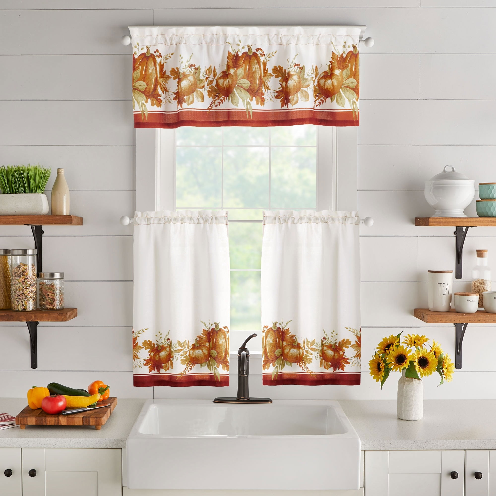 White Cotton Polyester Autumn Pumpkin Grove Kitchen Tier Curtains