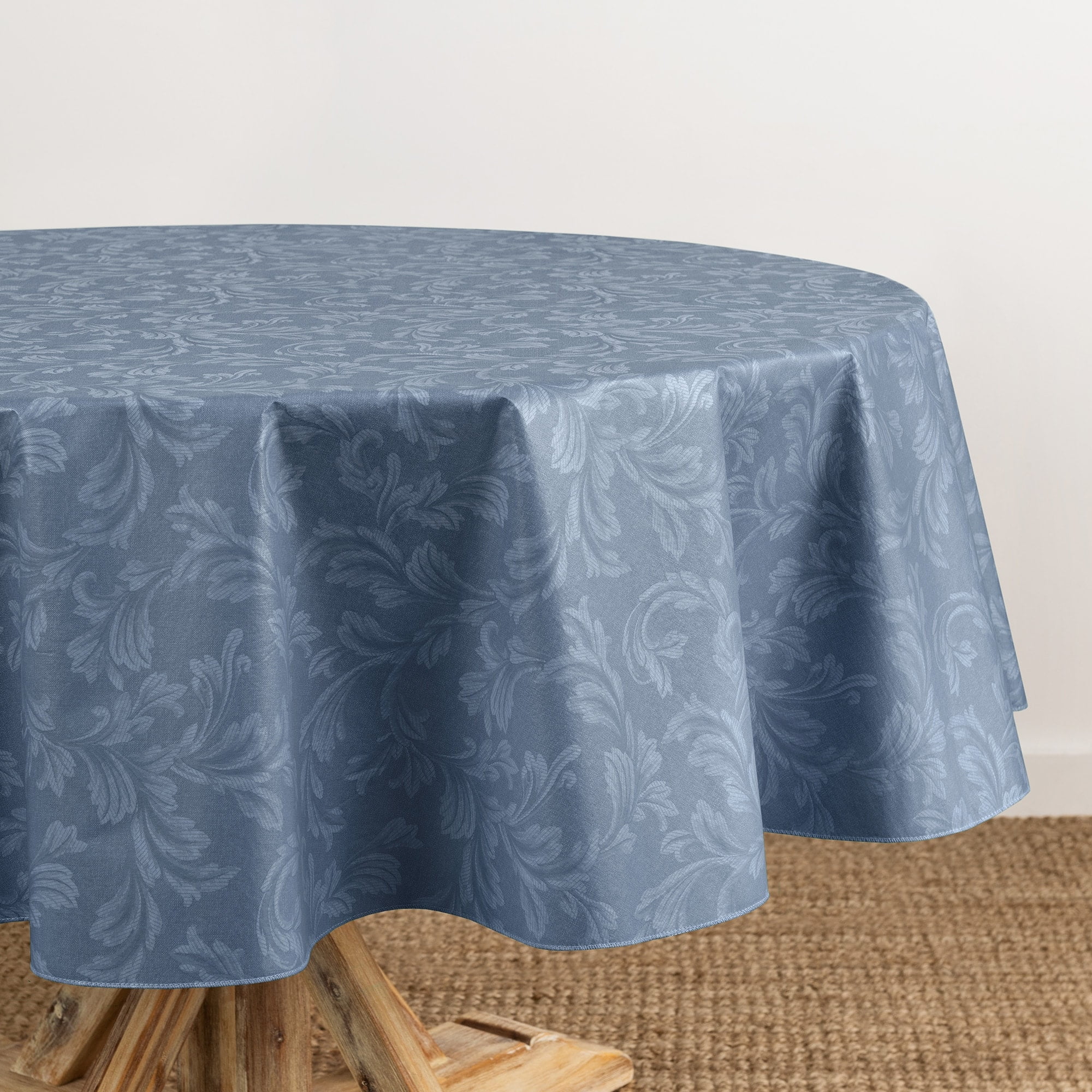 Blue Floral Damask Vinyl Oval Tablecloth with Flannel Backing